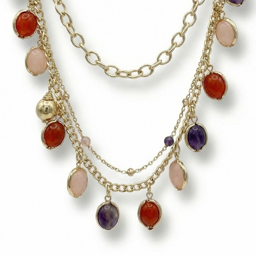 COLLANA MEDIA MULTIFILO CON SFERE COLORATE PENDENTI E DETTAGLI LATERALI CON STRASS