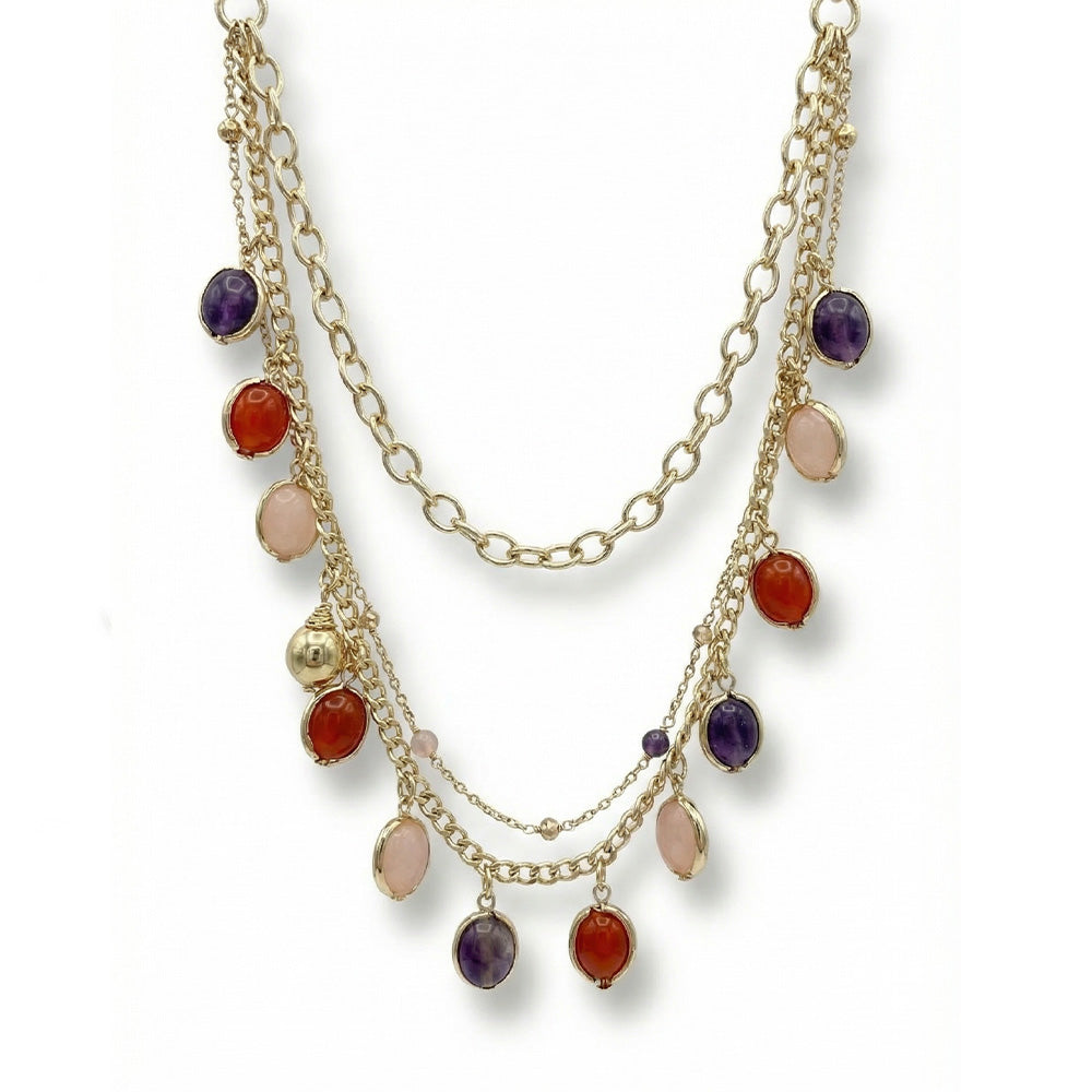 COLLANA MEDIA MULTIFILO CON SFERE COLORATE PENDENTI E DETTAGLI LATERALI CON STRASS