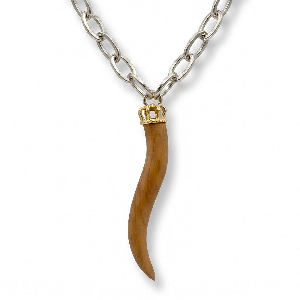 COLLANA A CATENA CON MAGLIE OVALI E CORNO GRANDE IN LEGNO