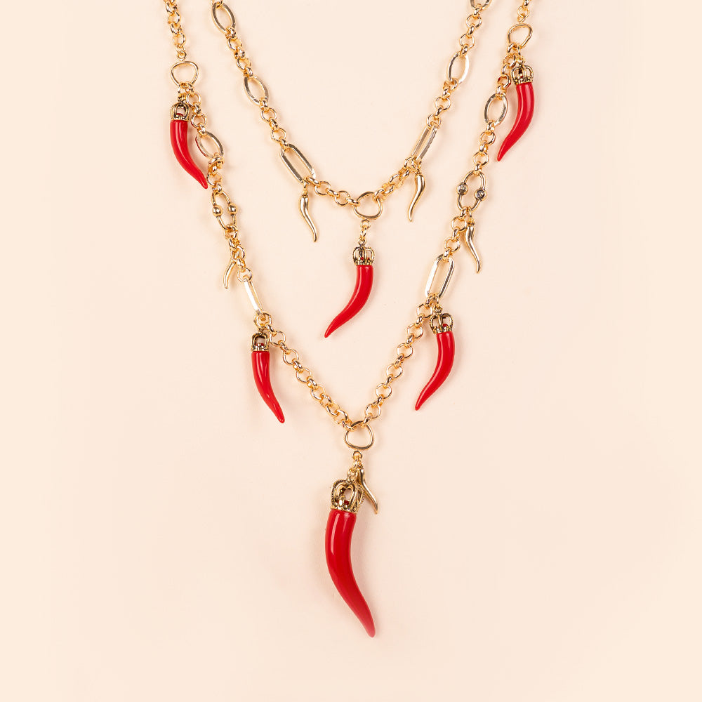 LONG DOUBLE CHAIN ​​NECKLACE WITH HORNS DANGLING