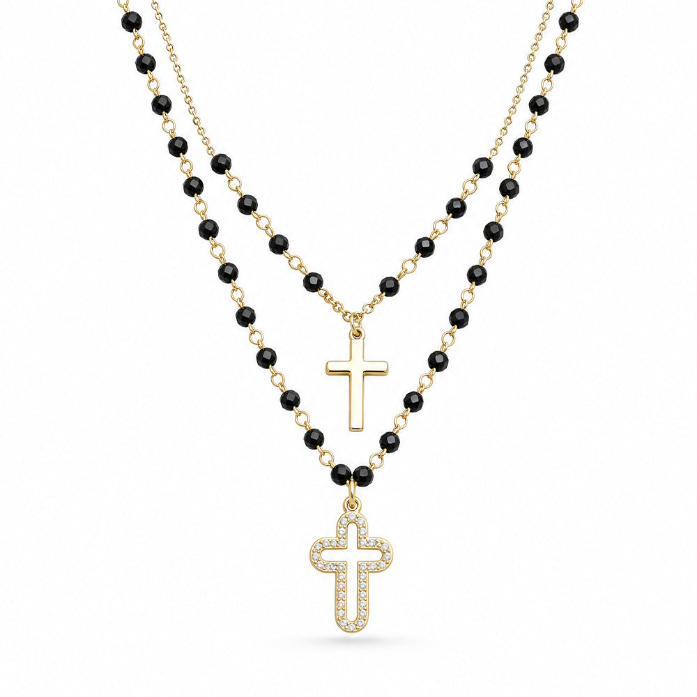 COLLANA CON PERLE TONDE SFACCETTATE E CROCIFISSO MINIMAL