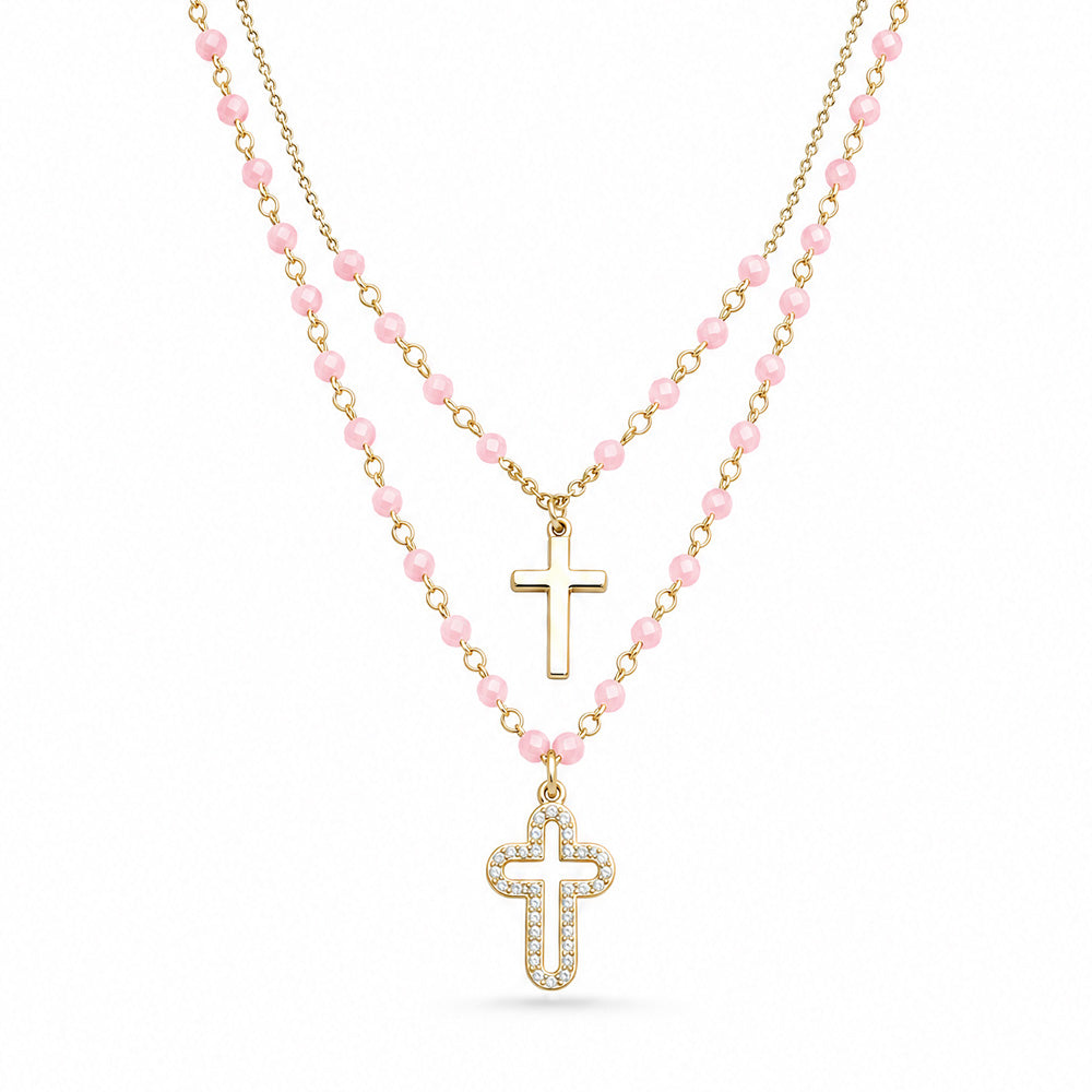 COLLANA CON PERLE TONDE SFACCETTATE E CROCIFISSO MINIMAL