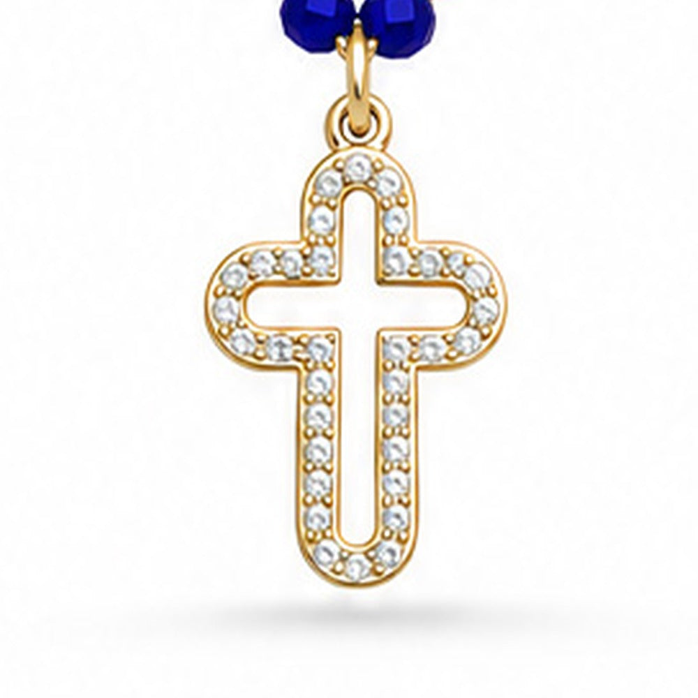 COLLANA CON PERLE TONDE SFACCETTATE E CROCIFISSO MINIMAL