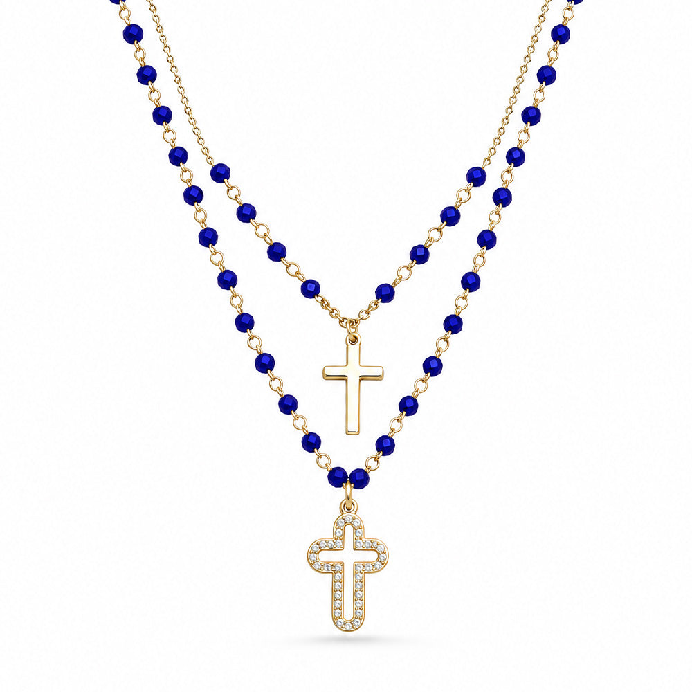 COLLANA CON PERLE TONDE SFACCETTATE E CROCIFISSO MINIMAL