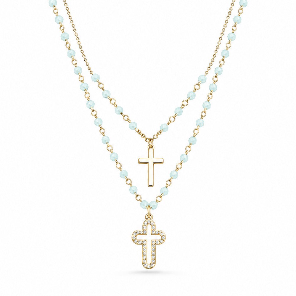 COLLANA CON PERLE TONDE SFACCETTATE E CROCIFISSO MINIMAL