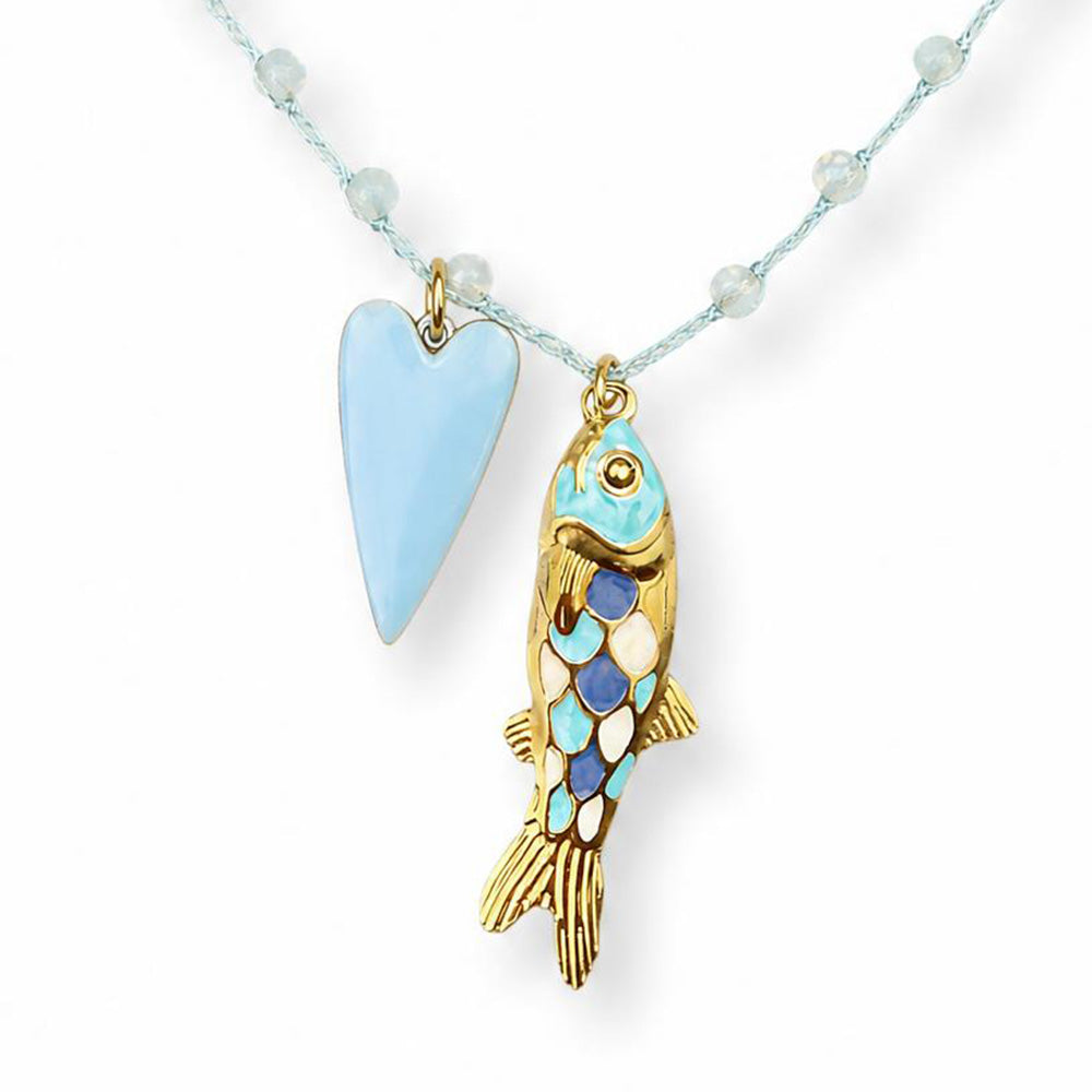 COLLANA LUNGA DI FILO E PERLINE CON CUORE PENDENTE E PESCE