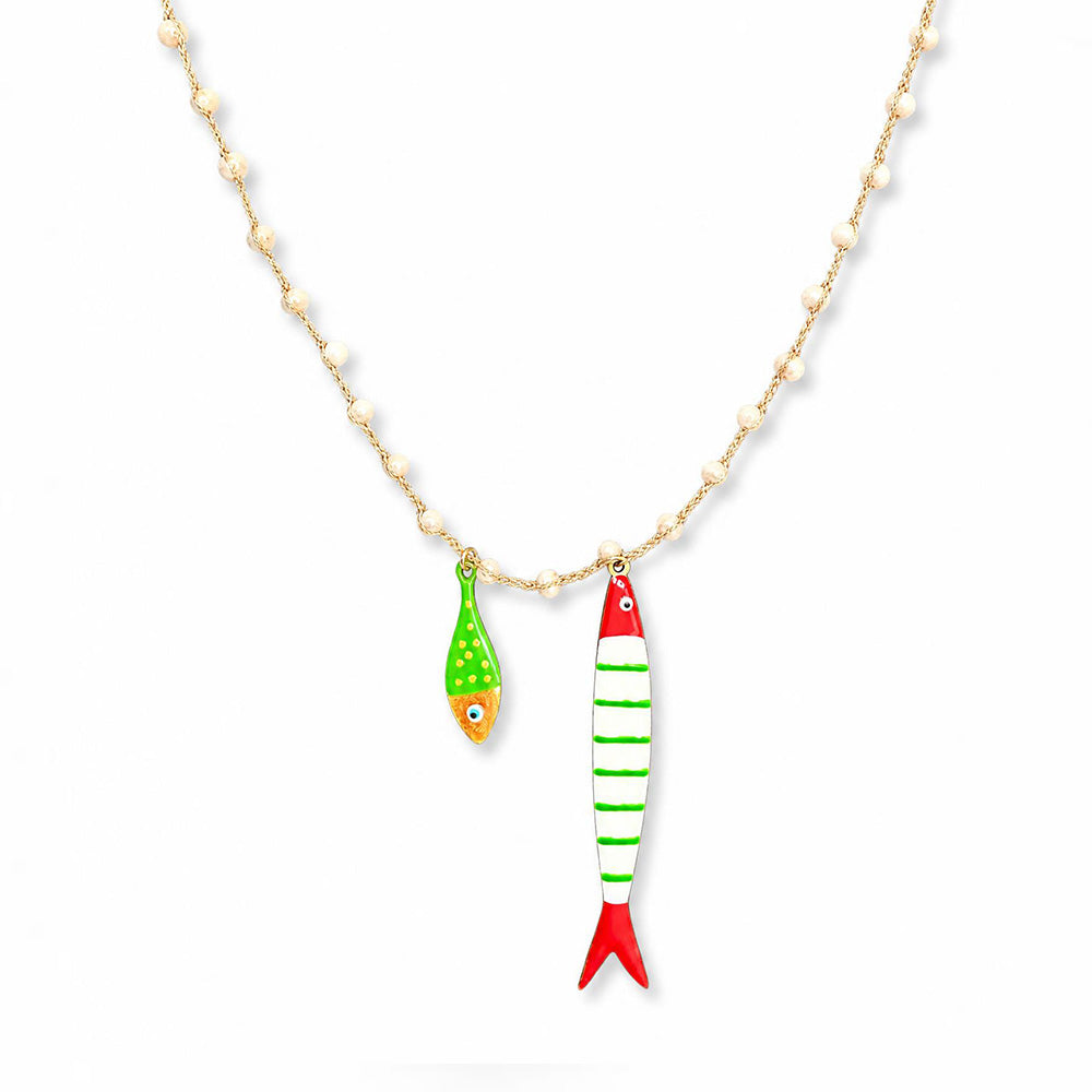COLLANA LUNGA DI FILO E PERLINE CON DUE PESCI PENDENTI