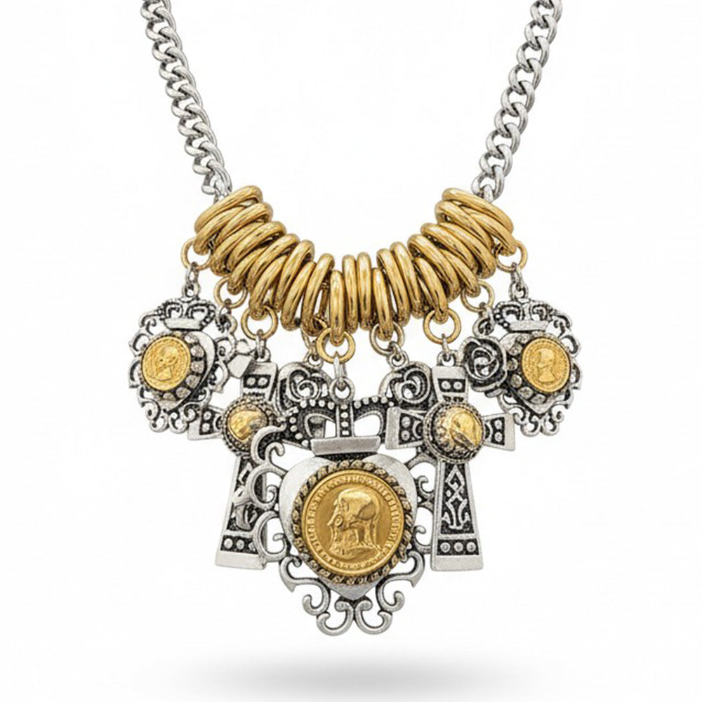 COLLANA GIROCOLLO CON ANELLI INTORNO ALLE MAGLIE CUORI E CROCI