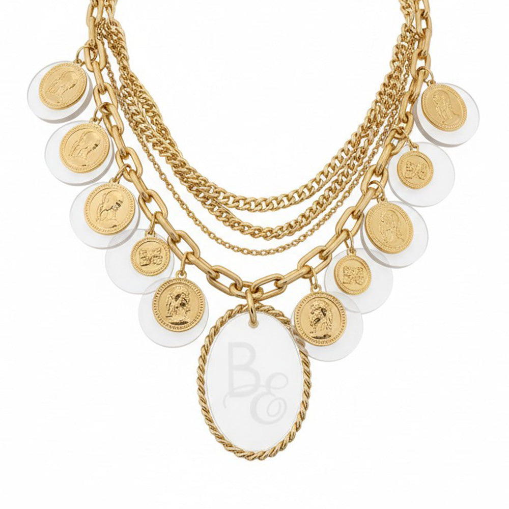 COLLANA GIROCOLLO MULTIFILO CON MONETE ED ELEMENTI TRASPARENTI OPACHI