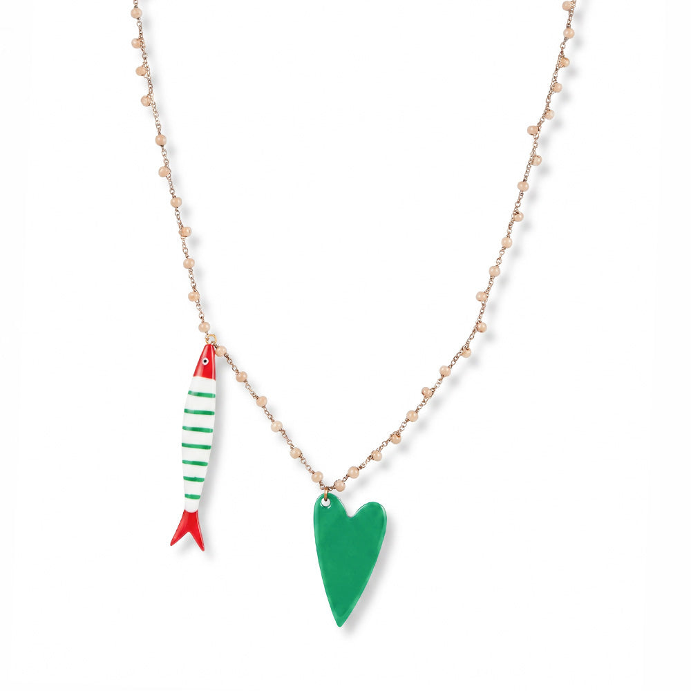COLLANA LUNGA CON PESCE A RIGHE E CUORE PENDENTE