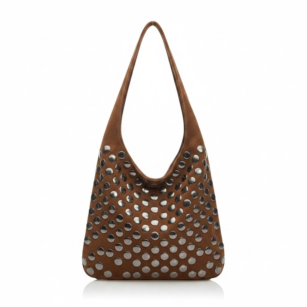 Borsa a sacca Fanatikerie in camoscio marrone con borchie rotonde metalliche decorative