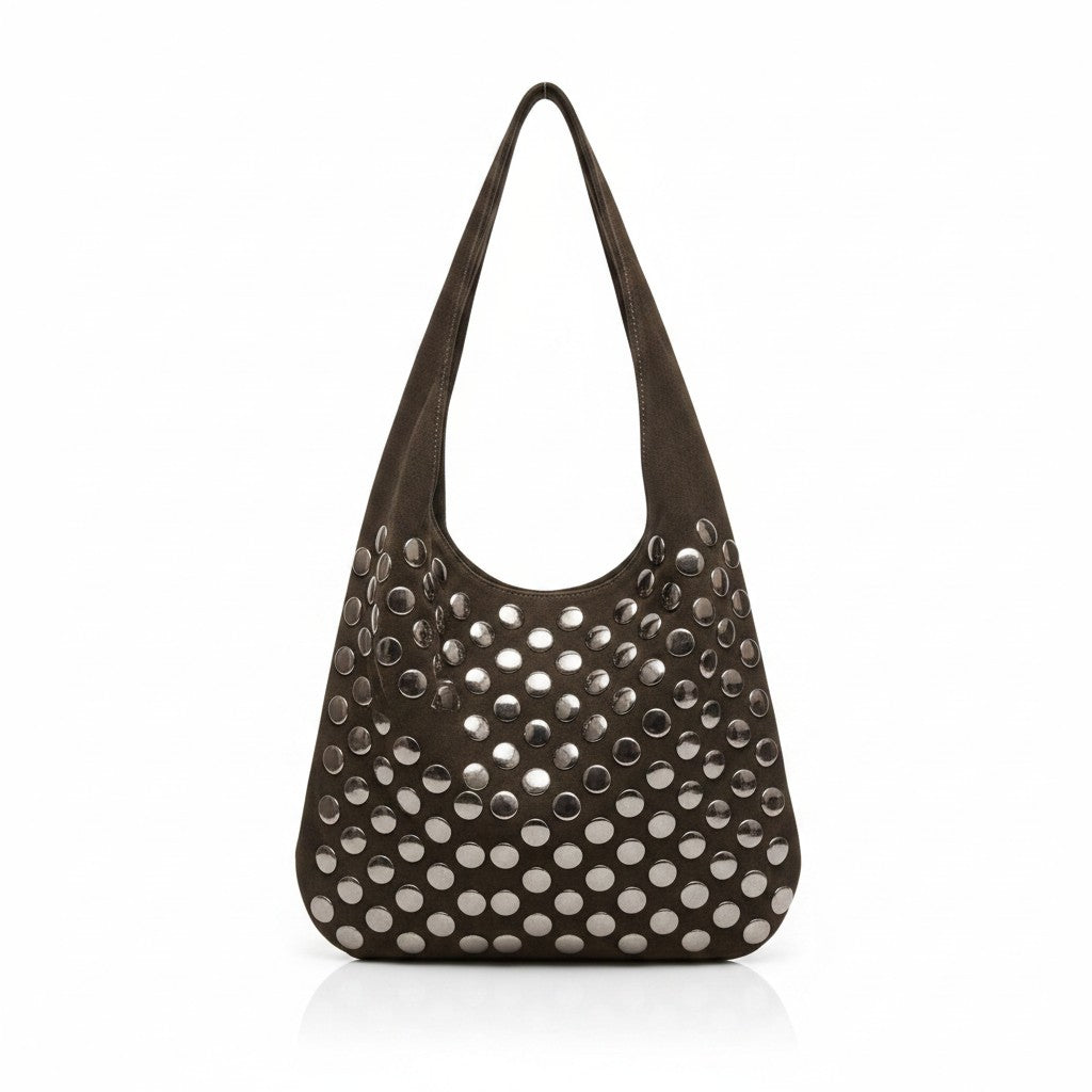 Borsa a sacca Fanatikerie in camoscio marrone con borchie rotonde metalliche decorative
