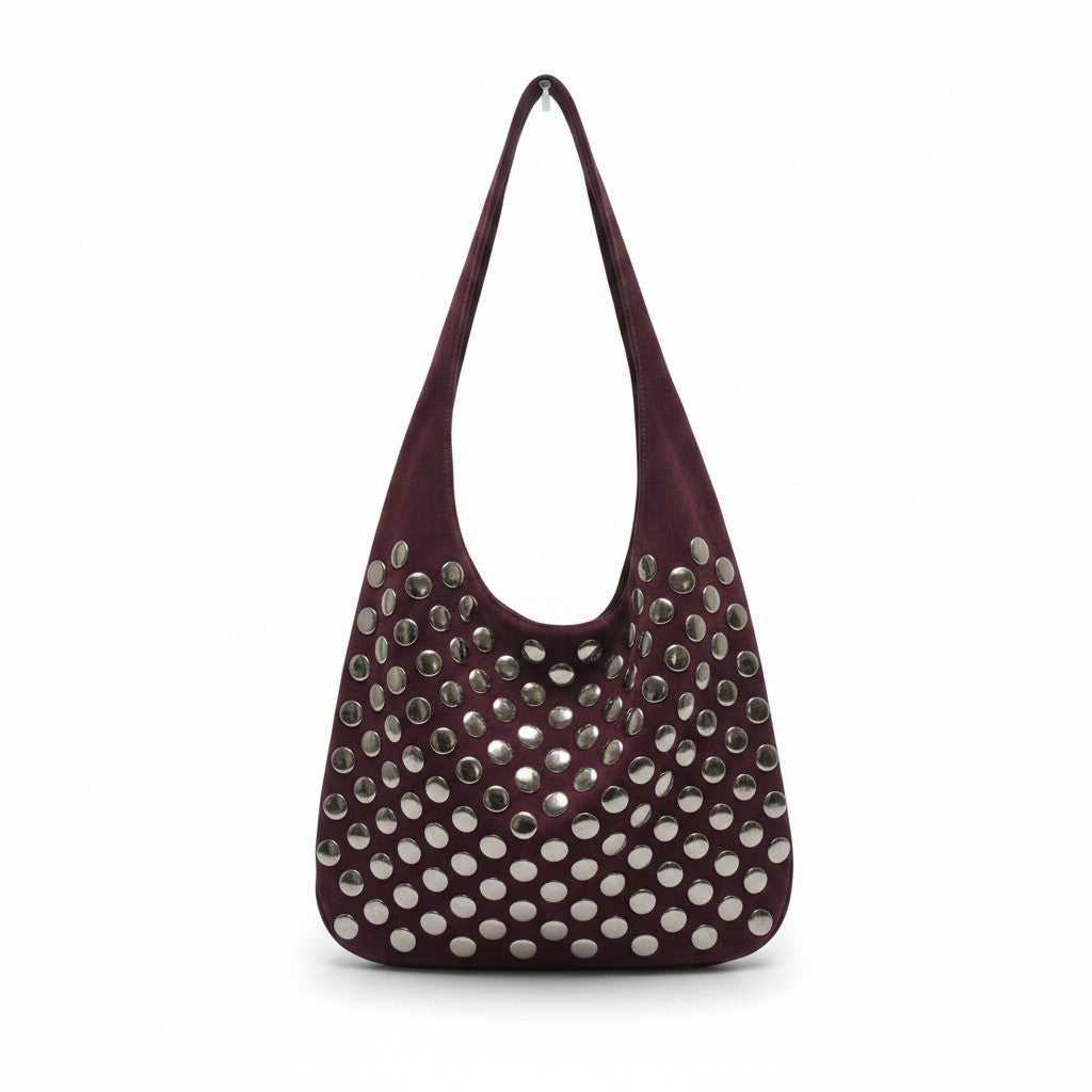 Borsa a sacca Fanatikerie color bordeaux in camoscio con borchie rotonde metalliche decorative