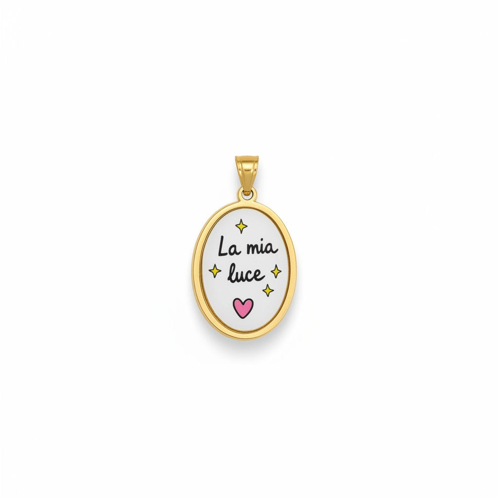 Charm ovale Fanatikerie La mia luce in oro con scritta nera, cuoricino rosa e stelline su sfondo bianco
