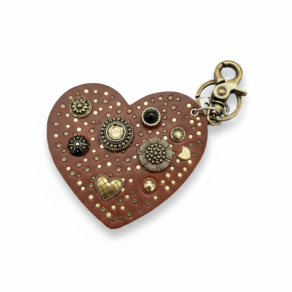 Portachiavi Fanatikerie a forma di cuore in pelle marrone decorato con borchie metalliche e moschettone dorato
