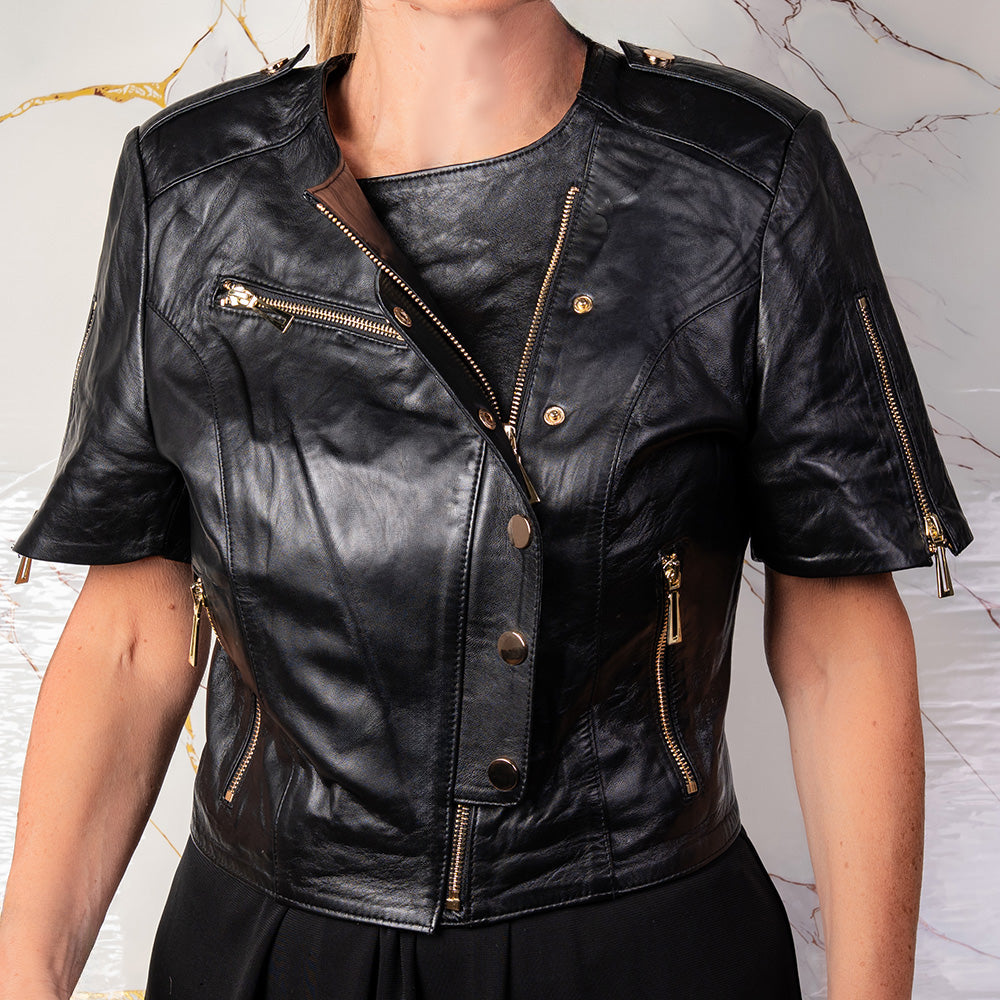 SHORT SLEEVED LEATHER JACKET WITH STUDS
