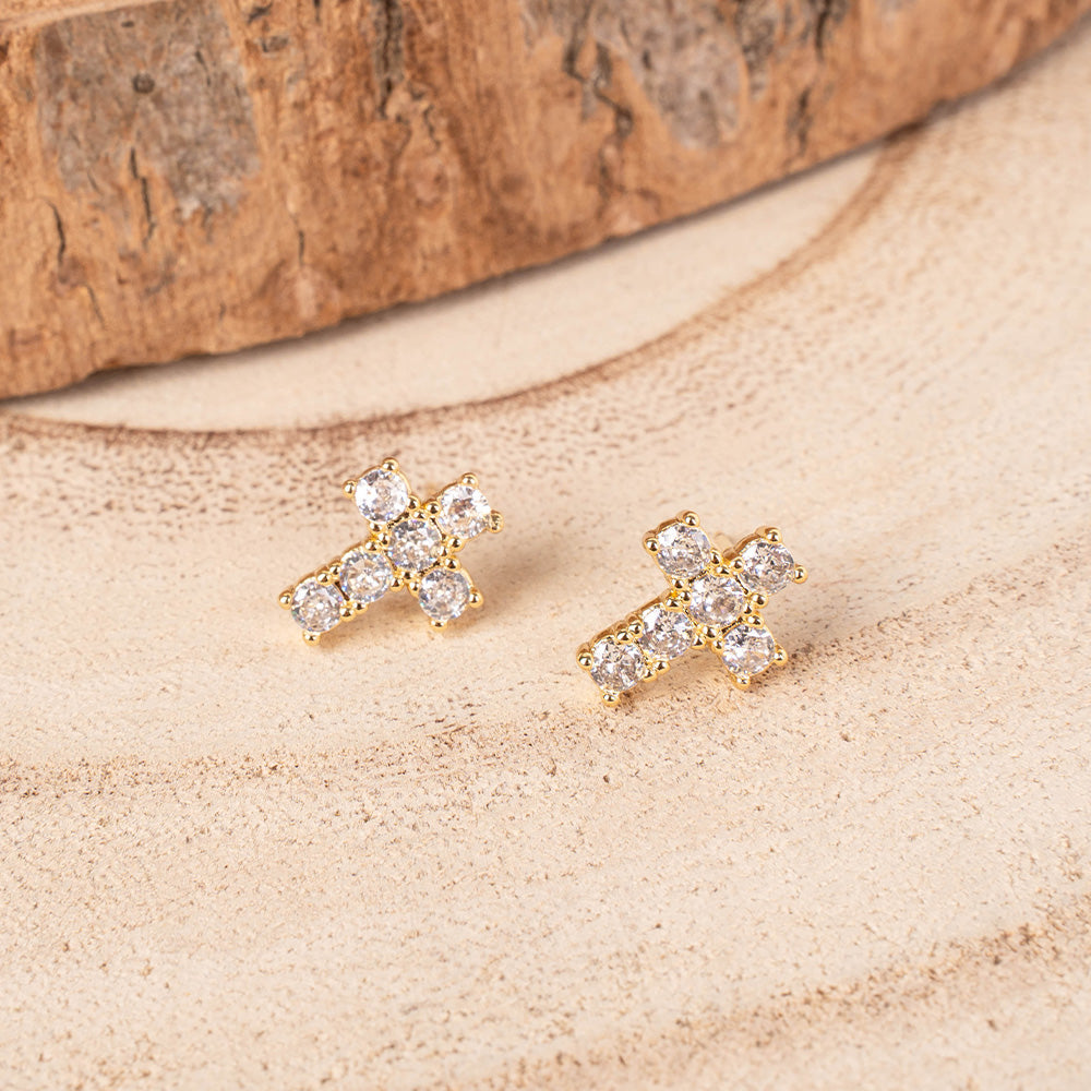 CROSS AND RHINESTONE STUD EARRINGS