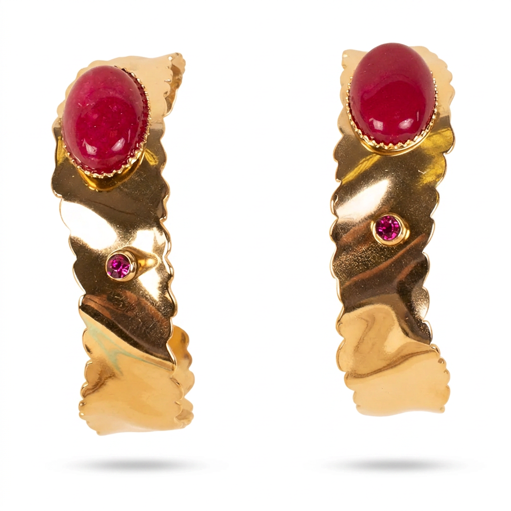 SEMI CIRCLE WAVY DANGLING EARRINGS WITH COLORED STONE AND RHINESTONE