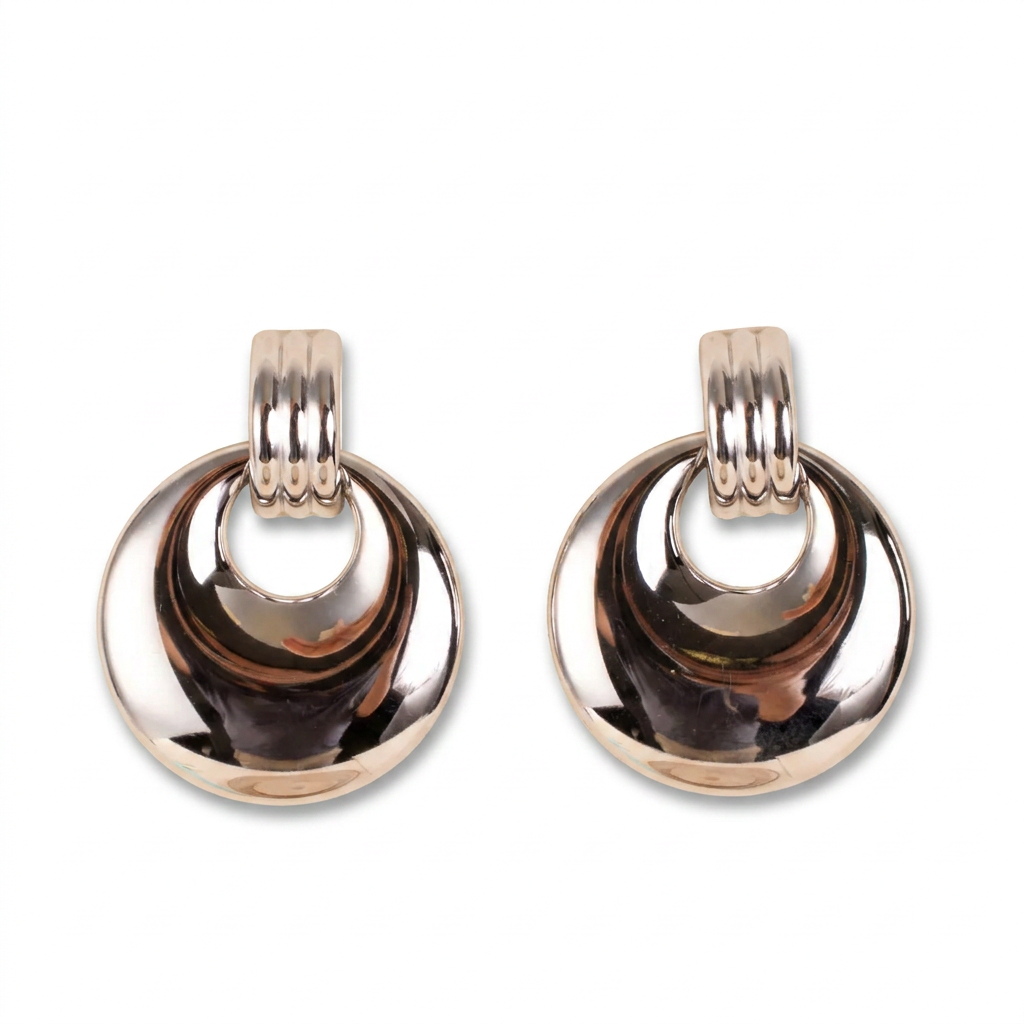DANGLING EARRINGS WITH STRIPED STUD AND BOWLED DISC