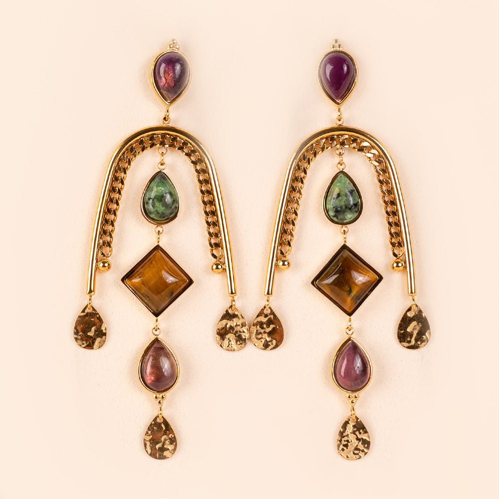 ORECCHINI PENDENTI CON LINEA OVALE E PIETRE COLORATE