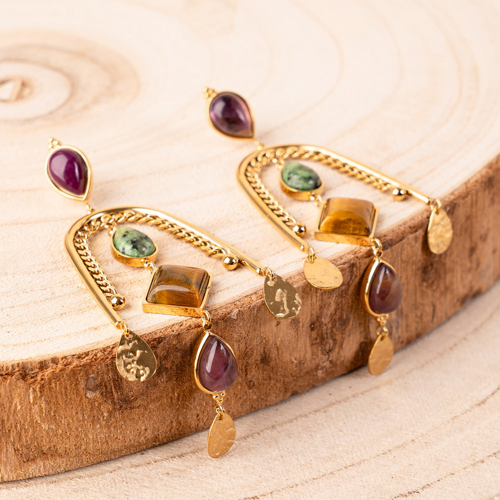 ORECCHINI PENDENTI CON LINEA OVALE E PIETRE COLORATE