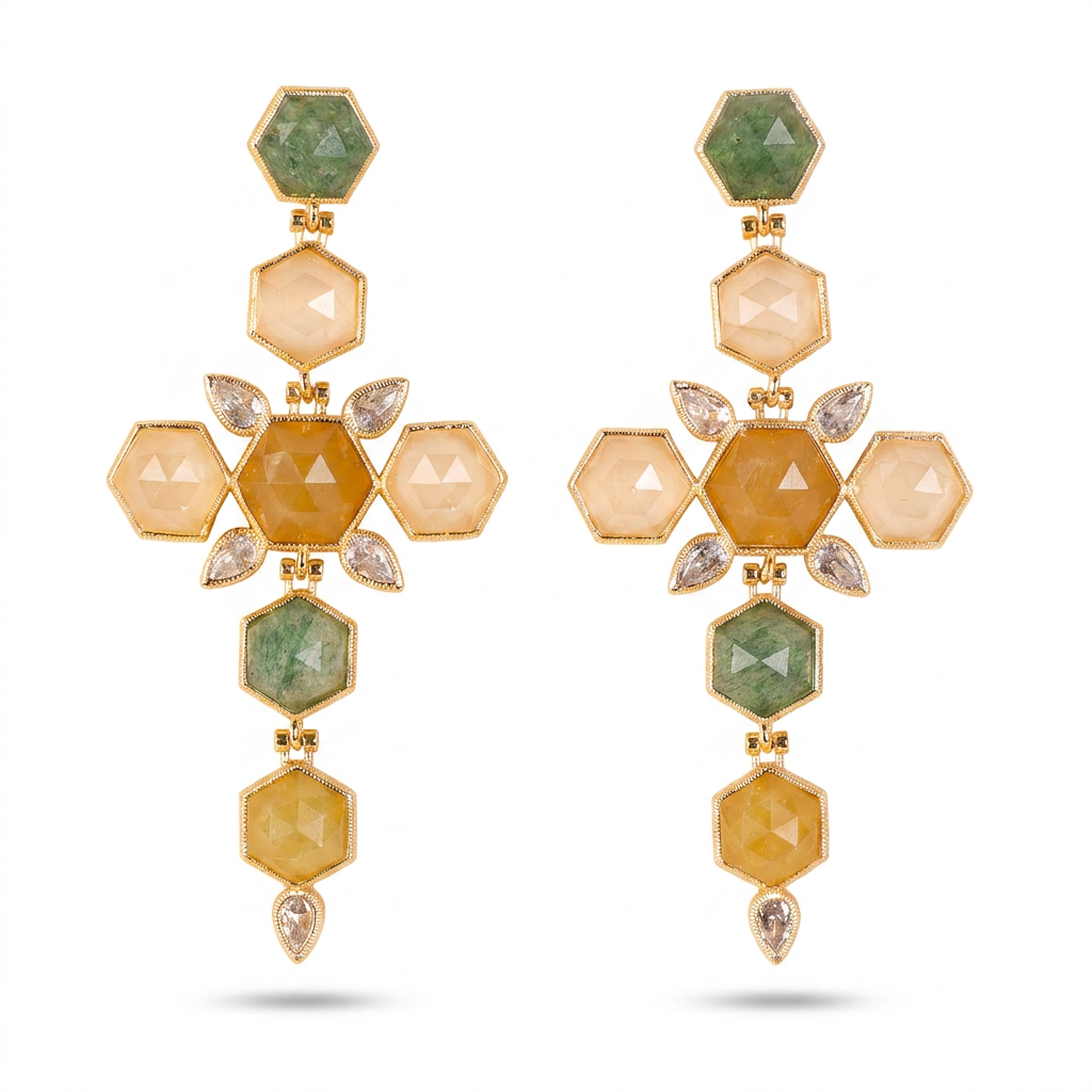 CROSS DANGLING EARRINGS WITH CRYSTALS AND HEXAGONAL STONES