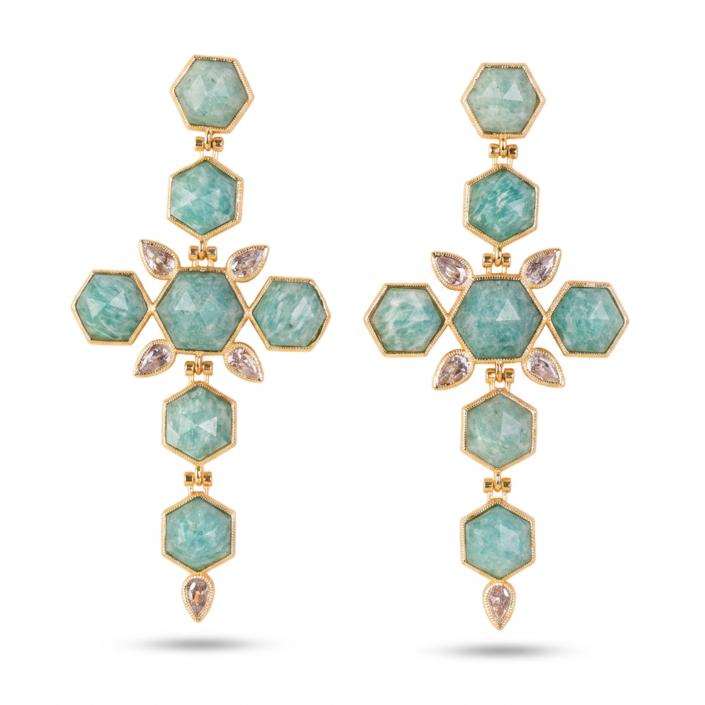 CROSS DANGLING EARRINGS WITH CRYSTALS AND HEXAGONAL STONES