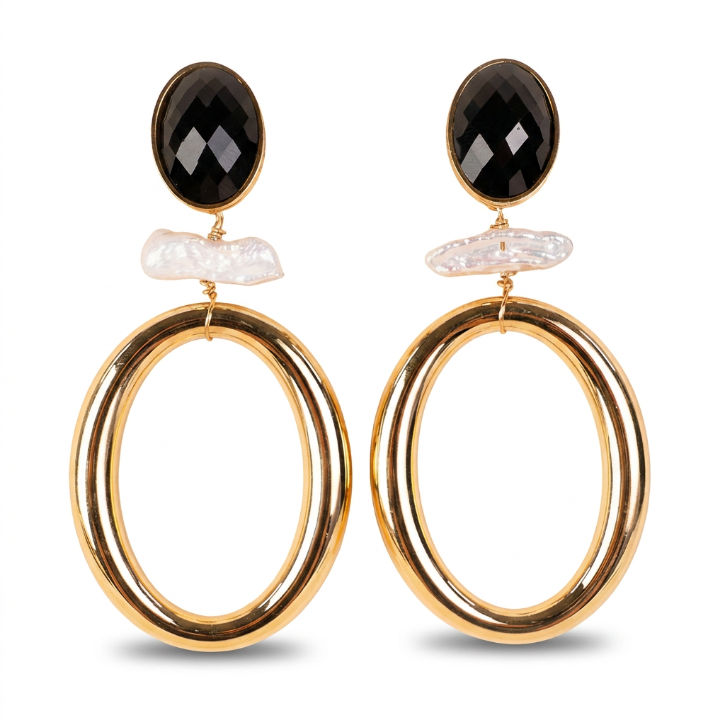 DANGLING EARRINGS WITH IRREGULAR MOTHER OF PEARL INSERT AND OVAL DISC