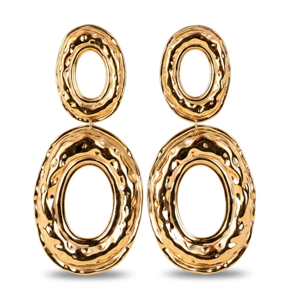 DANGLING EARRINGS WITH TWO HAMMERED OVAL DISCS OF DIFFERENT SIZES