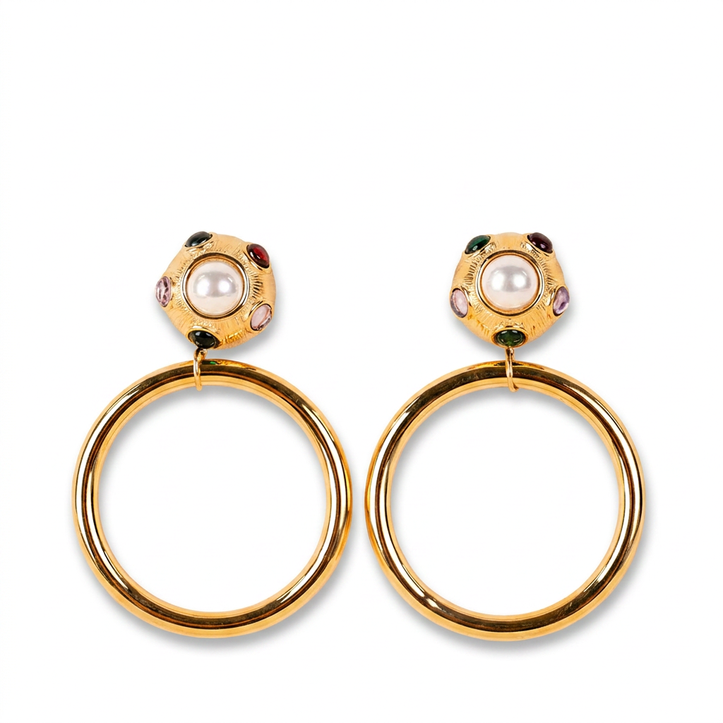 COLORFUL STONES HOOP AND BUTTON DANGLING EARRINGS
