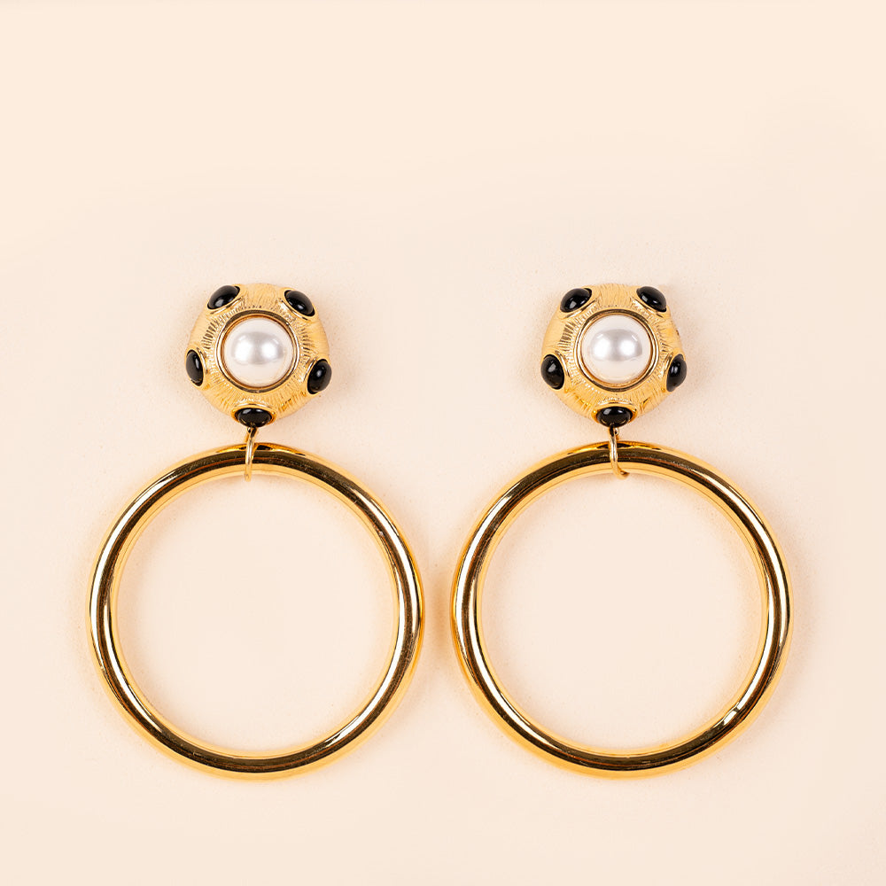 COLORFUL STONES HOOP AND BUTTON DANGLING EARRINGS