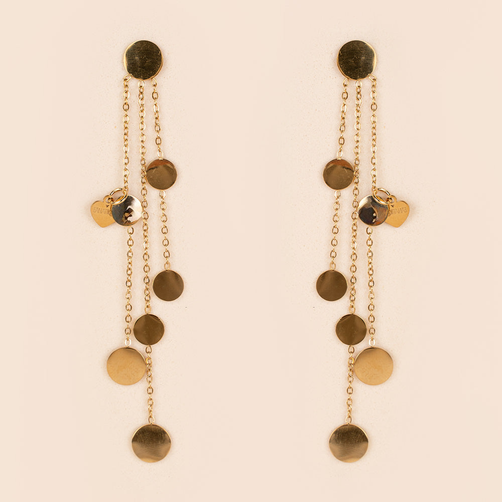 ORECCHINI CON TRE FILE PENDENTI E PIASTRINE CIRCOLARI