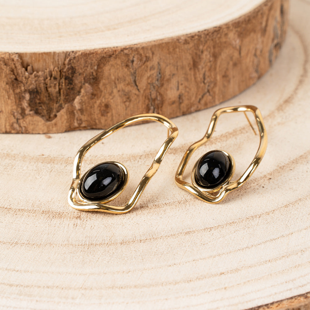 ORECCHINI PENDENTI CON PIETRA OVALE SU CERCHI IRREGOLARI