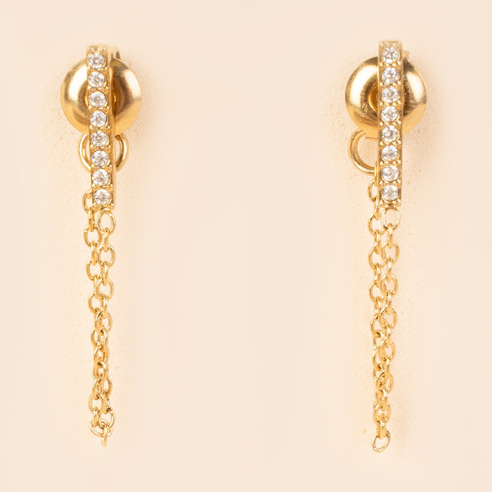 ORECCHINI PENDENTE A BARRA CORTA CON STRASS E CATENA