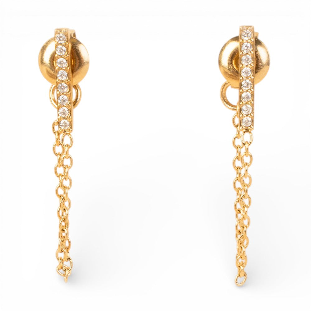 ORECCHINI PENDENTE A BARRA CORTA CON STRASS E CATENA