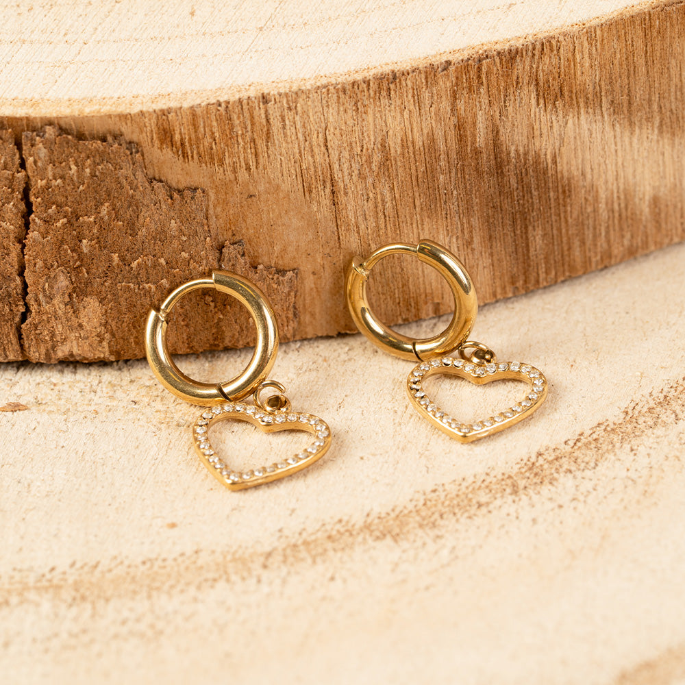 ORECCHINI PENDENTI A CERCHIETTO CON CUORE E STRASS