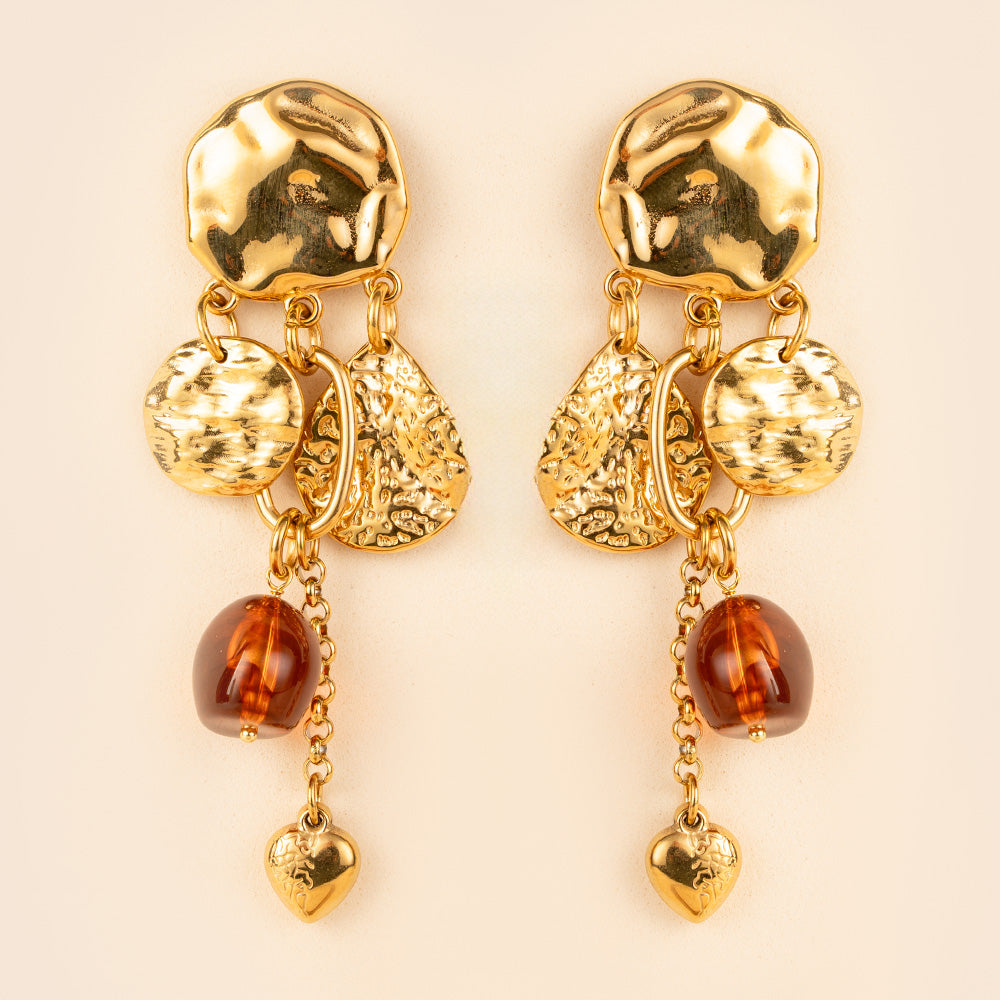 ORECCHINI PENDENTI CON DISCHI MARTELLATI E PIETRE