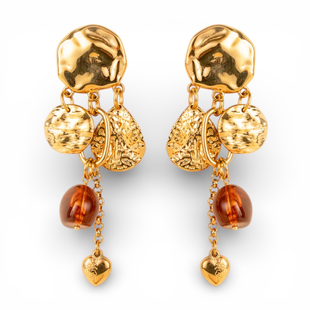 ORECCHINI PENDENTI CON DISCHI MARTELLATI E PIETRE