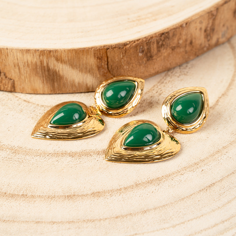 ORECCHINI PENDENTI CON CUORI E PIETRA CENTRALI