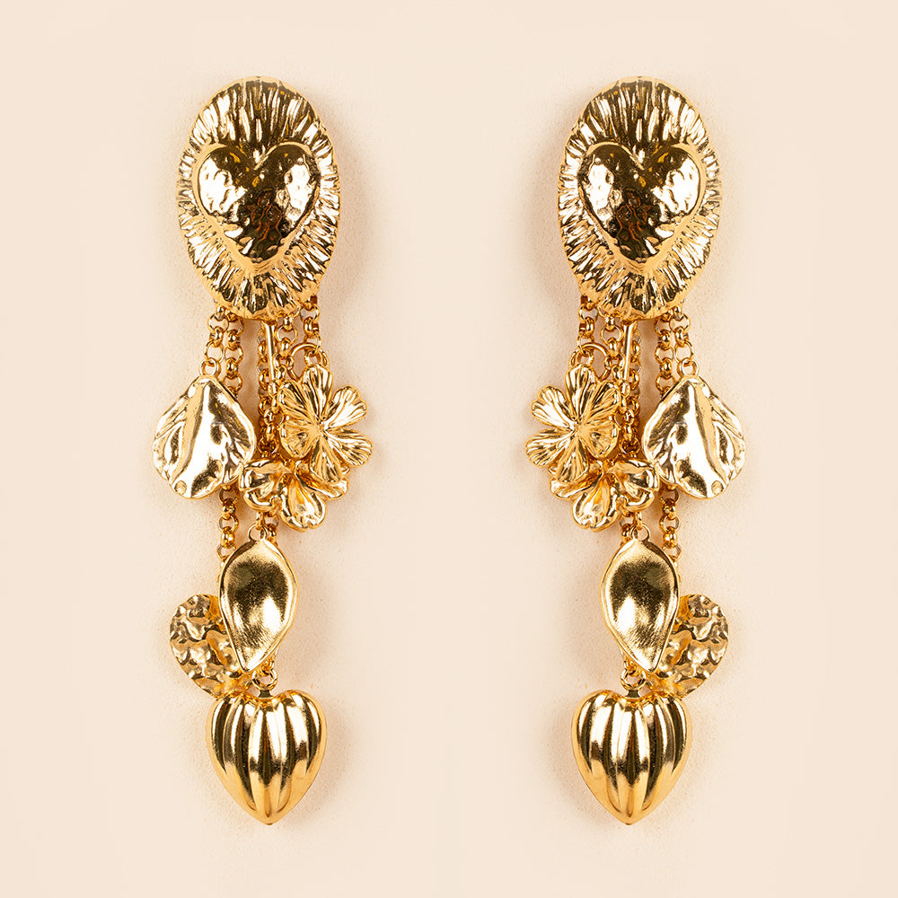 ORECCHINI PENDENTI CON CUORI FOGLIE E DISCHI