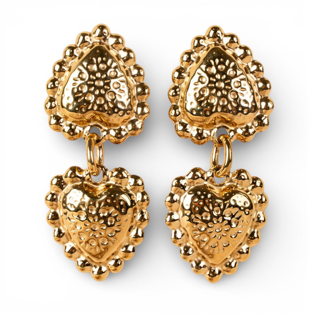 ORECCHINI PENDENTI A DOPPIO CUORE MARTELLATO