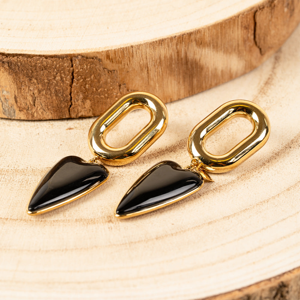 ORECCHINI PENDENTI CON CUORI ALLUNGATI SU ANELLO LISCIO