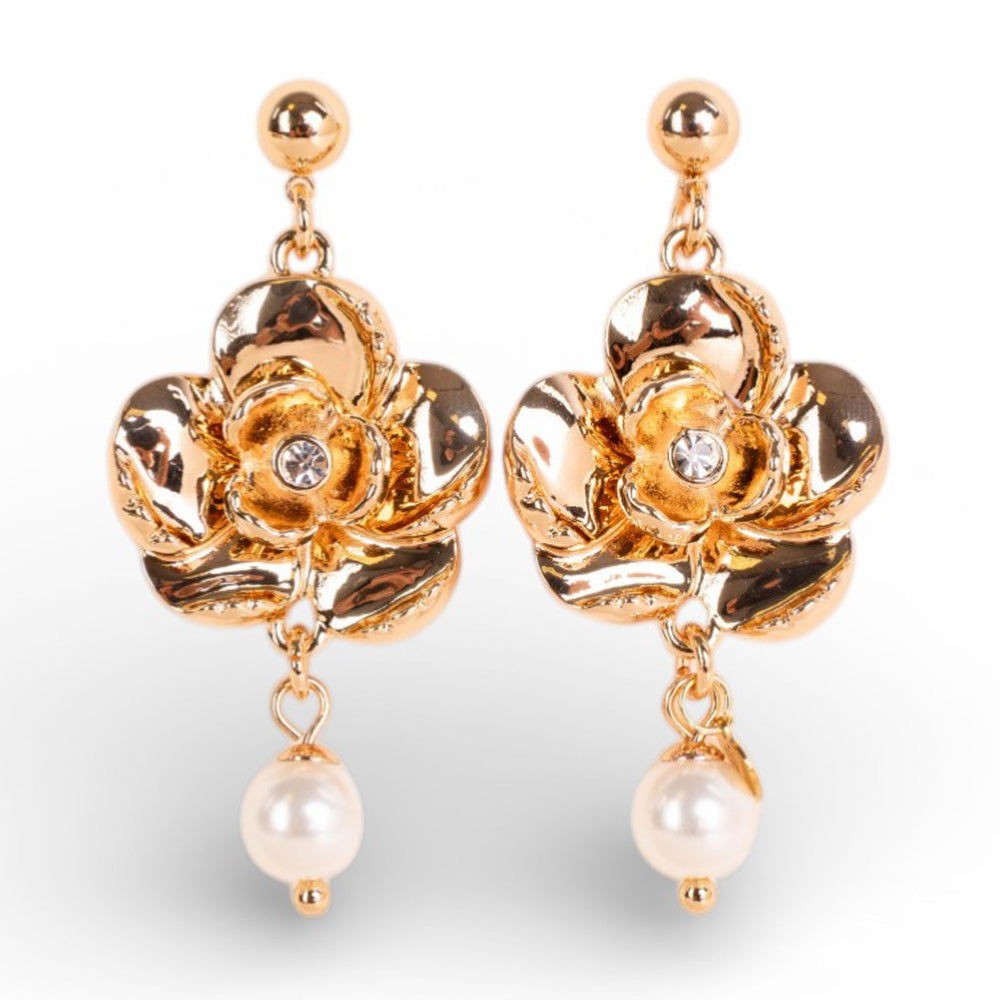 ORECCHINI PENDENTI CON FIORE E PERLA