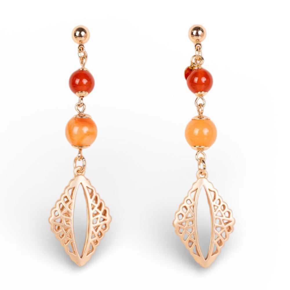 ORECCHINI PENDENTI CON SFERE E ELEMENTO TRAFORATO