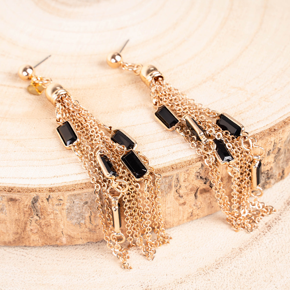 ORECCHINI PENDENTI MULTIFILO CON PIETRE RETTANGOLARI