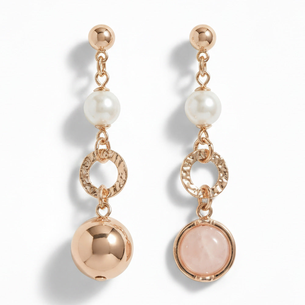 ORECCHINI PENDENTI CON DISCO MARTELLATO PERLA E SFERA COLORATA