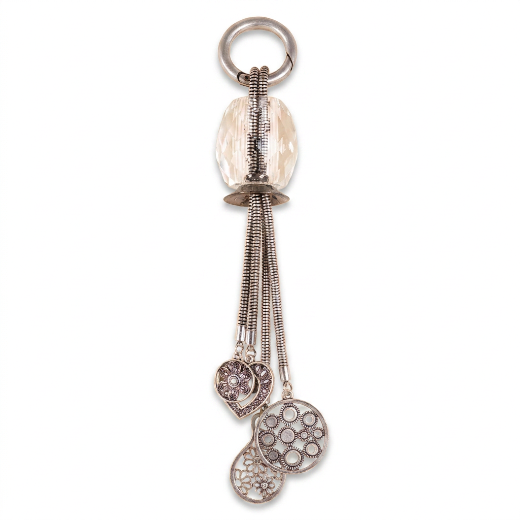 KEY RING WITH TRANSPARENT STONE AND 4 DIFFERENT PENDANTS