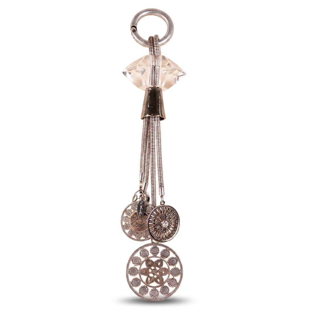 KEY RING WITH CIRCULAR PENDANTS AND TRANSPARENT COMPONENT