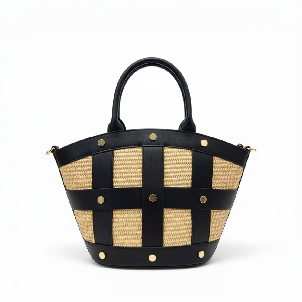 BORSA A MANO EFFETTO PAGLIA E INSERTI IN PELLE