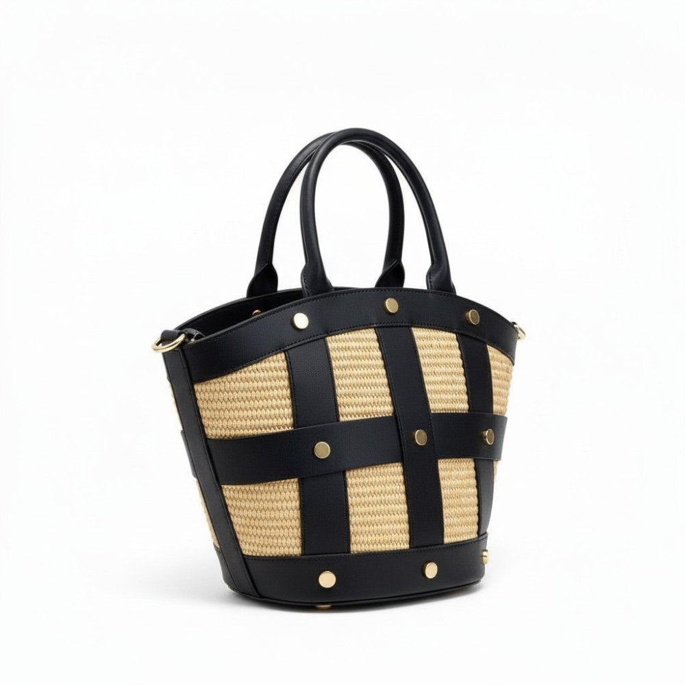 BORSA A MANO EFFETTO PAGLIA E INSERTI IN PELLE